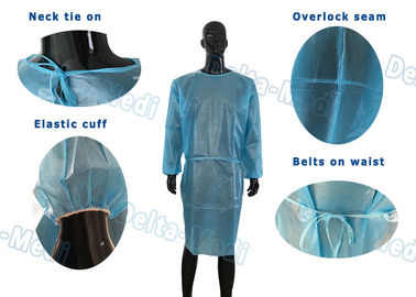Laços descartáveis impermeáveis azuis dos vestidos do isolamento no punho do elástico do pescoço